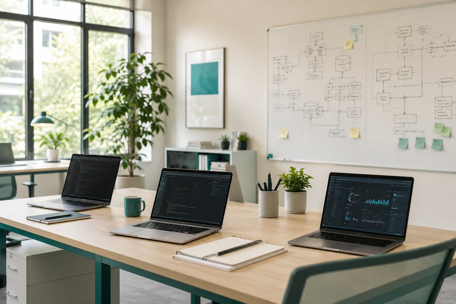 A bright engineering workspace with laptops and an architecture whiteboard
